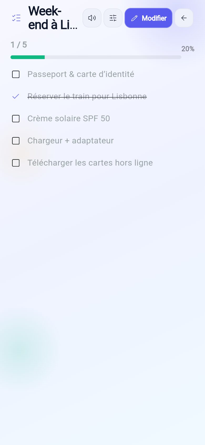 Capture réelle de DoNote : liste « Week-end à Lisbonne », un élément coché